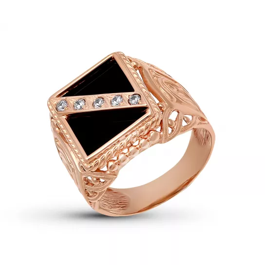 Кольцо-печатка с ониксом и фианитом из золота