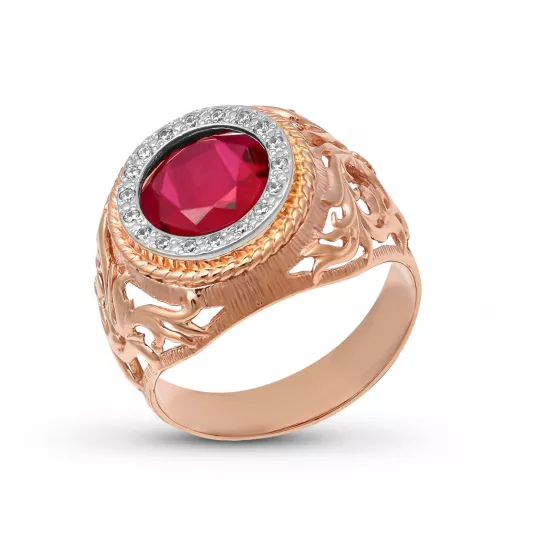 Кольцо-печатка с корундом и фианитом из золота