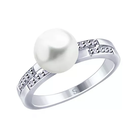 Кольцо с жемчугом и фианитом из серебра